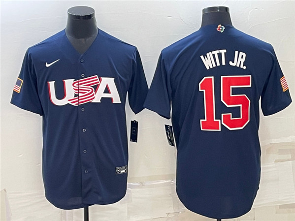 Men's USA Baseball #15 Bobby Witt Jr. 2023 Navy World Baseball Classic Stitched Jersey